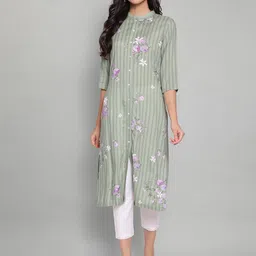 W Women Green Geometric Striped Keyhole Neck Kurta-picture-22