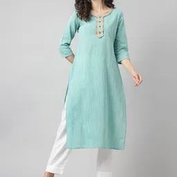 Neemiya Women Geometric Striped Keyhole Neck Kurta-image-3