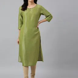 W Women Green Keyhole Neck Kurta-image-80
