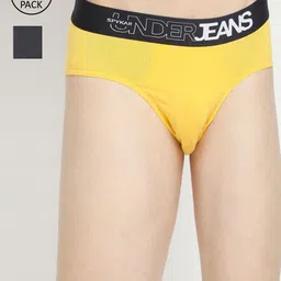 UnderJeans by Spykar Men Yellow & Grey Pack Of 2 Solid Basic Briefs-picture-10