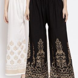 Clora Creation Pack of 2 Women Cream & Black Ethnic Motifs Printed Knitted Palazzos-50