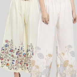 Clora Creation Women Cream-Coloured & White 2 Floral Printed Flared Knitted Ethnic Palazzos-image-36