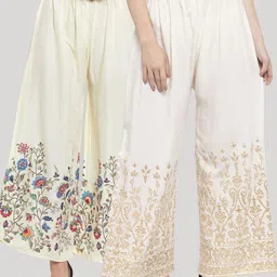 Clora Creation Women Cream-Coloured Pack Of 2 Floral Printed Knitted Ethnic Palazzos-image-13