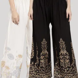 Clora Creation Pack of 2 Women Cream & Black Ethnic Motifs Printed Knitted Palazzos-85