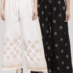 Clora Creation Women Pack Of 2 White & Black Floral Printed Knitted Ethnic Palazzos-51