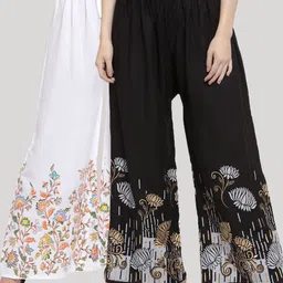 Clora Creation Women Pack Of 2 Black & White Floral Hem Design Knitted Palazzos-image-25