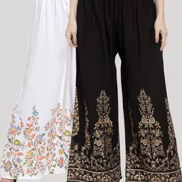 Clora Creation Women White & Black Pack of 2 Floral Printed Flared Knitted Ethnic Palazzos-73