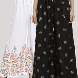 Clora Creation Women White & Black Pack Of 2 Floral Printed Knitted Palazzos-74