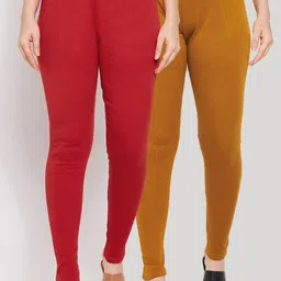 Clora Creation Women Pack Of 2 Mustard & Red Solid Ankle-Length Leggings-image-63
