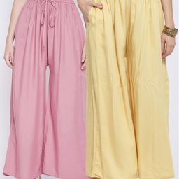 Clora Creation Women Pack Of 2 Yellow & Pink Flared Knitted Palazzos-image-86