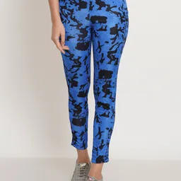 IX IMPRESSION Women Blue & Black Printed Slim-Fit Track Pants-picture-19