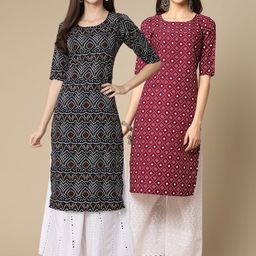 KALINI Women Pack Of 2 Black & Maroon Ethnic Motifs Printed Crepe Kurta-image-79