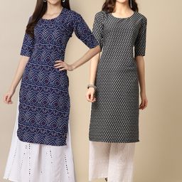 KALINI Women Pack Of 2 Blue & Black Ethnic Motifs Printed Block Print Crepe Kurta-picture-20