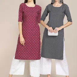 KALINI Women Pack Of 2 Maroon & Black Geometric Printed Block Print Crepe Kurtas-image-73