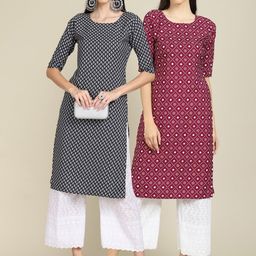 KALINI Women Pack Of 2 Black & Purple Geometric Printed Block Print Crepe Kurtas-image-57
