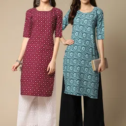 KALINI Women Pack Of 2 Geometric Printed Block Print Handloom Crepe Kurta-picture-30