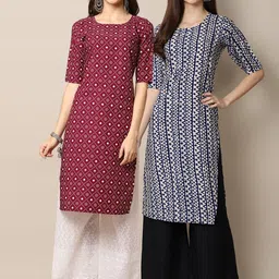 KALINI Women Pack Of 2 Maroon & Blue Geometric Printed Block Print Crepe Kurtas-image-53