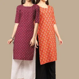 KALINI Pack Of 2 Women Red & Orange Printed Crepe Kurta-image-84