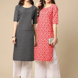 KALINI Women Multicoloured Geometric Printed Thread Work Block Print Handloom Crepe Kurta-picture-6