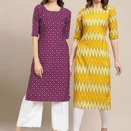 KALINI Women Pack Of 2 Yellow & Burgundy Geometric Printed Crepe Kurta-image-99