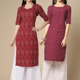 KALINI Women Pack Of 2 Maroon & Burgundy Ethnic Motifs Printed Crepe Straight Kurta-image-82