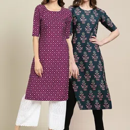 KALINI Women Multicoloured Pack Of 2 Floral Printed Block Print Crepe Kurta-8