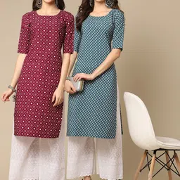 KALINI Women Pack of 2 Magenta & Green Geometric Printed Crepe Kurta-image-95