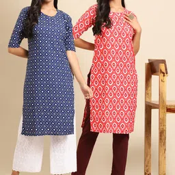 KALINI Women Pack Of 2 Geometric Printed Thread Work Block Print Handloom Crepe Kurta-image-96