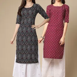 KALINI Women's Crepe Black & Maroon Color Ethnic Motif Printed Straight Kurta (PACK OF 2)-picture-26