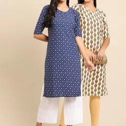 KALINI Women Blue & Cream-Coloured Geometric Printed Crepe Pack of 2 Kurta-picture-22