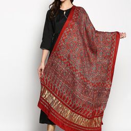 Dupatta Bazaar Maroon & Blue Ethnic Motifs Printed Pure Silk Block Print Dupatta-35