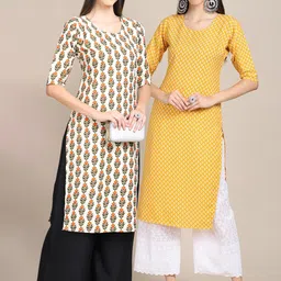 KALINI Women Pack Of 2 Cream-Coloured & Yellow Geometric Printed Crepe Kurta-image-95