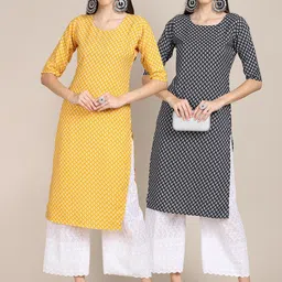 KALINI Women Pack of 2 Yellow & Black Ethnic Motifs Printed Crepe Kurta-image-24