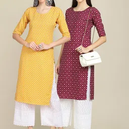 KALINI Women Pack Of 2 Yellow & Maroon Ethnic Motifs Printed Crepe Kurta-image-26