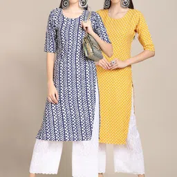 KALINI Women Pack of 2 Blue & Yellow Printed Handloom Crepe Kurta-image-54