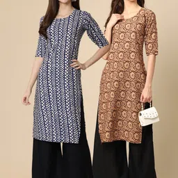 KALINI Women Pack Of 2 Blue & Brown Tribal Printed Block Print Crepe Kurta-picture-35