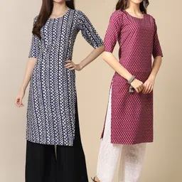 KALINI Women Pack Of 2 Black & Burgundy Geometric Printed Crepe Kurta-image-32