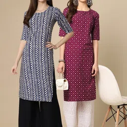 KALINI Pack of 2 Women Blue & Maroon Ethnic Motifs Printed Crepe Kurta-image-80