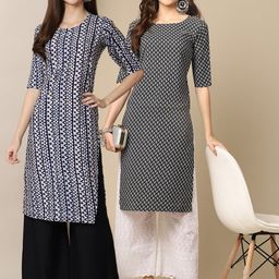 KALINI Women Pack Of 2 Black & White Geometric Printed Block Print Crepe Kurtas-27