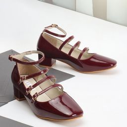 ELLE Square Toe Block Heeled Pumps with Buckles-0