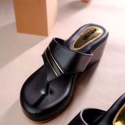 Anouk Black And Gold-Toned Striped Wedge Heels-52