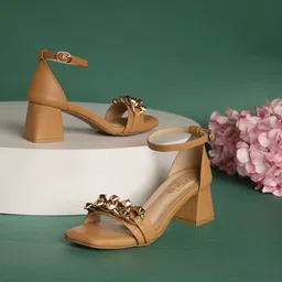 Truffle Collection Embellished Open Toe Ankleloop Block Heels-16