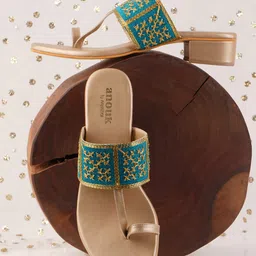 Anouk Blue And Gold-Toned Embroidered One Toe Block Heels-40