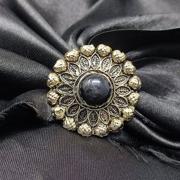 CRAYTON Women Gold-Plated Oxidized Centre Black Stone-Studded Adjustable Finger Ring-image-5