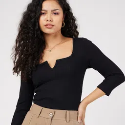 SASSAFRAS Black Ribbed Scoop Neck Fitted Top-image-82