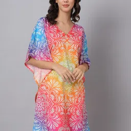 Color Cocktail Floral Printed V-Neck Kimono Sleeve Kaftan Longline Top-11
