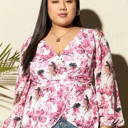 Berrylush Curve Plus Size Floral Print Puff Sleeve Georgette Wrap Top-picture-12