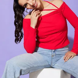 Globus Red Off Shoulder Cotton Bardot Top-image-52