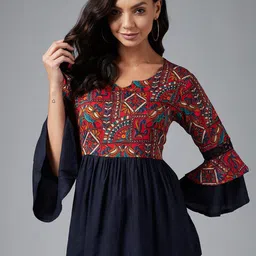 Azira Red & Navy Blue Ethnic Printed Gathered A-line Top-image-90