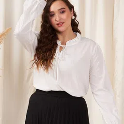 Berrylush Curve White Cuffed Sleeves Crepe Tie-Up Neck Ruffled Top-image-73